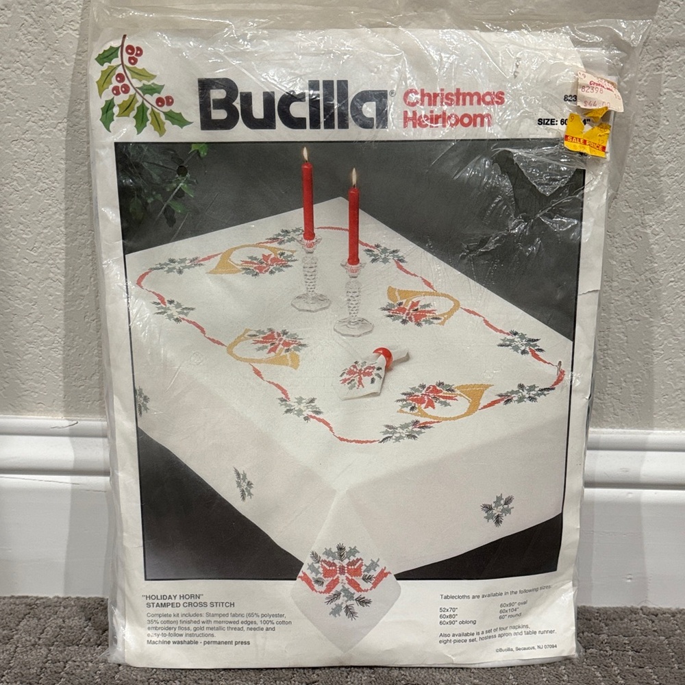 Bucilla Christmas Tablecloth - White with Red, Green, and Gold Accents 60”x104”